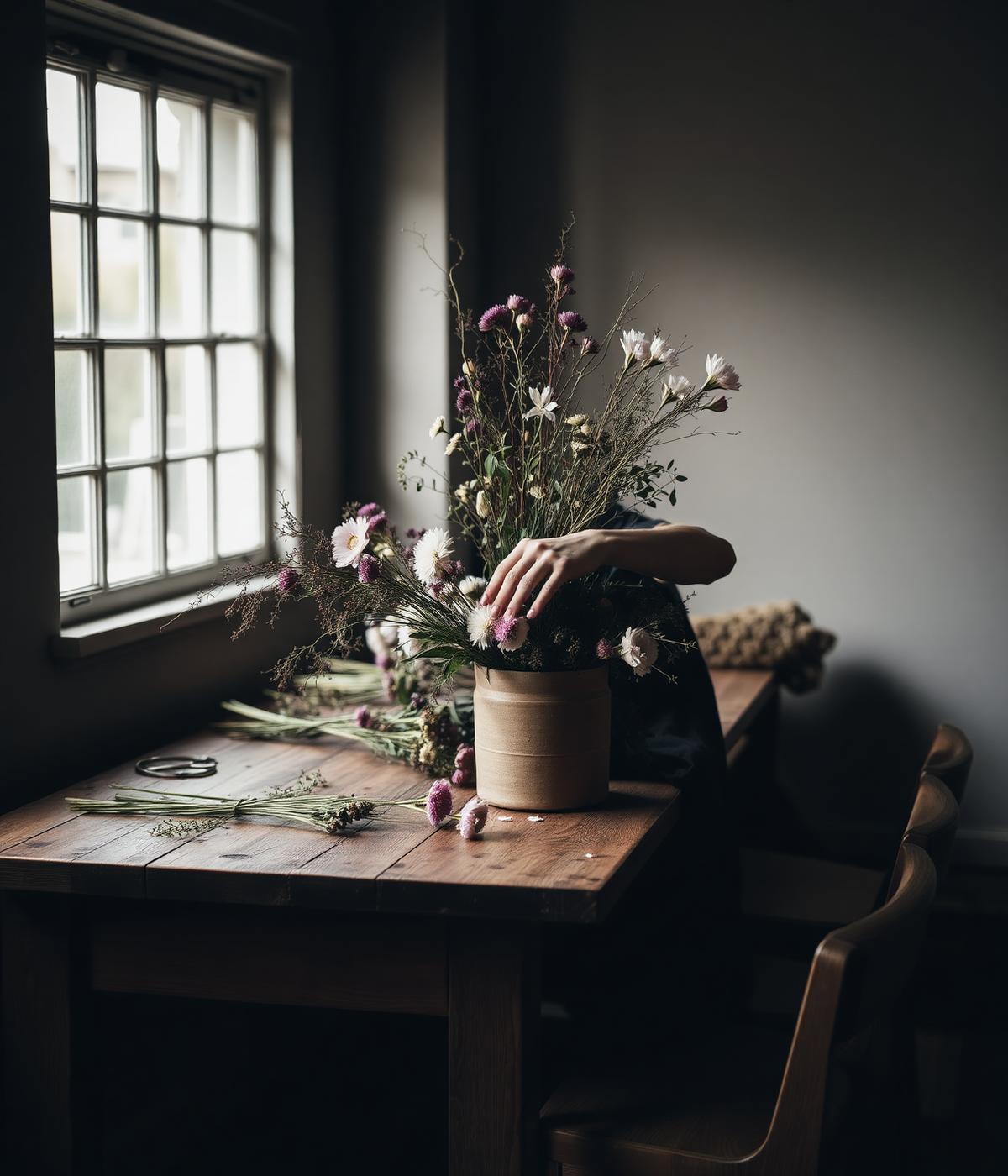 Florist arranging stems on a timber table